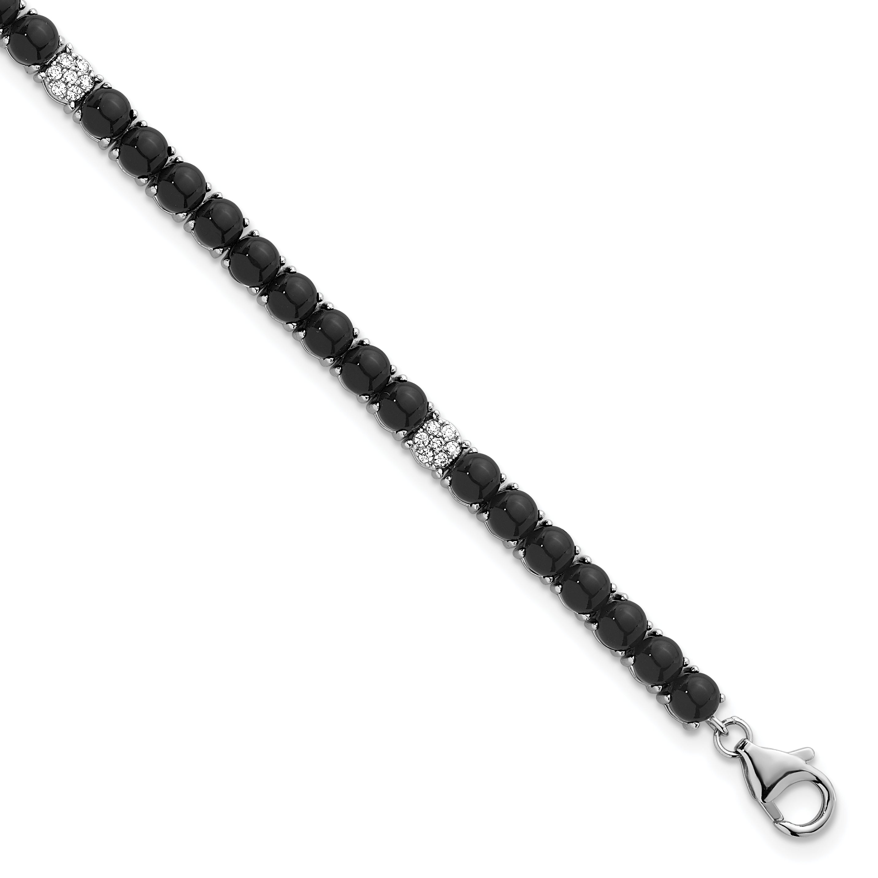 Sterling Silver Rhodium-plated Polished Pave CZ and Onyx 7.5 Inch with 1.5 Inch Extension Bracelet