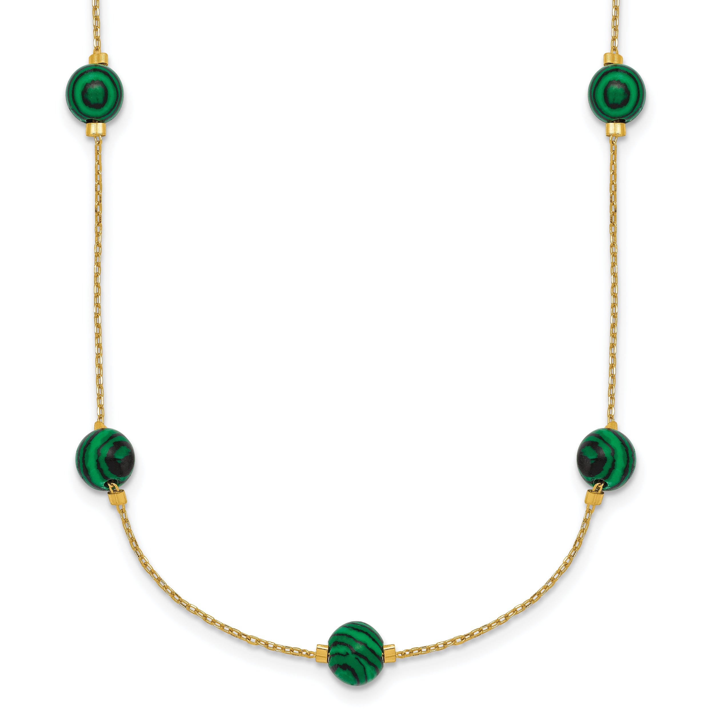 Sterling Silver Gold-Tone Polished Lab Created Malachite 16 Inch with 2 Inch Extension Necklace
