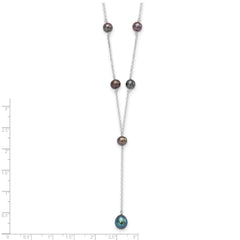 Sterling Silver Rhodium-plated 6-8mm Black Teardrop and Semi-Round Freshwater Cultured Pearl 6-Station Y-Drop 16 inch Necklace