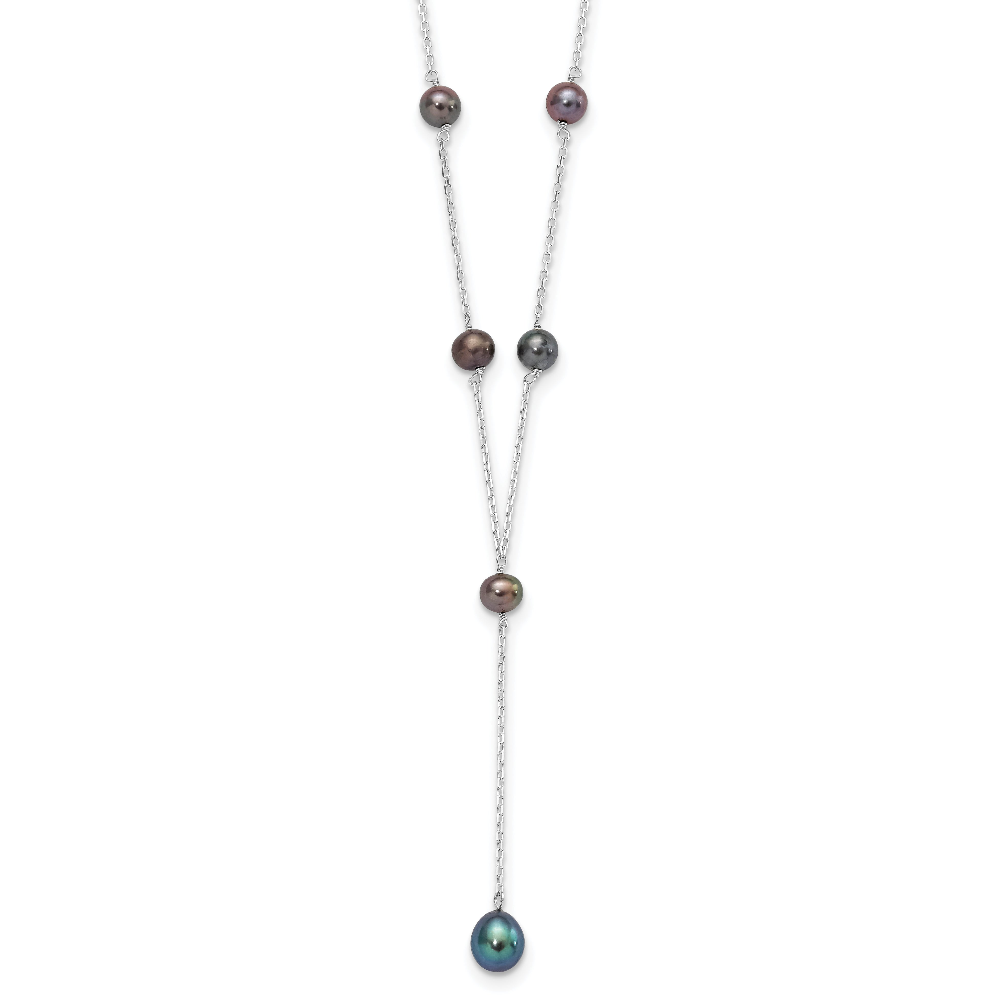 Sterling Silver Rhodium-plated 6-8mm Black Teardrop and Semi-Round Freshwater Cultured Pearl 6-Station Y-Drop 16 inch Necklace