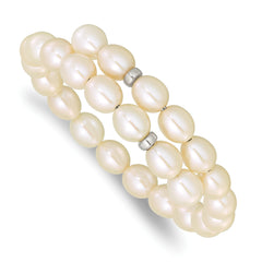 Sterling Silver Rhodium-plated 7-8mm White Rice Freshwater Cultured Pearl Flexible 7.5 inch Bracelet