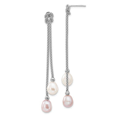 Sterling Silver Rhodium-plated 7-8mm Pink and White Teardrop Freshwater Cultured Pearl Knot 18 inch Necklace and Post Dangle Earrings Set