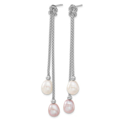 Sterling Silver Rhodium-plated 7-8mm Pink and White Teardrop Freshwater Cultured Pearl Knot 18 inch Necklace and Post Dangle Earrings Set