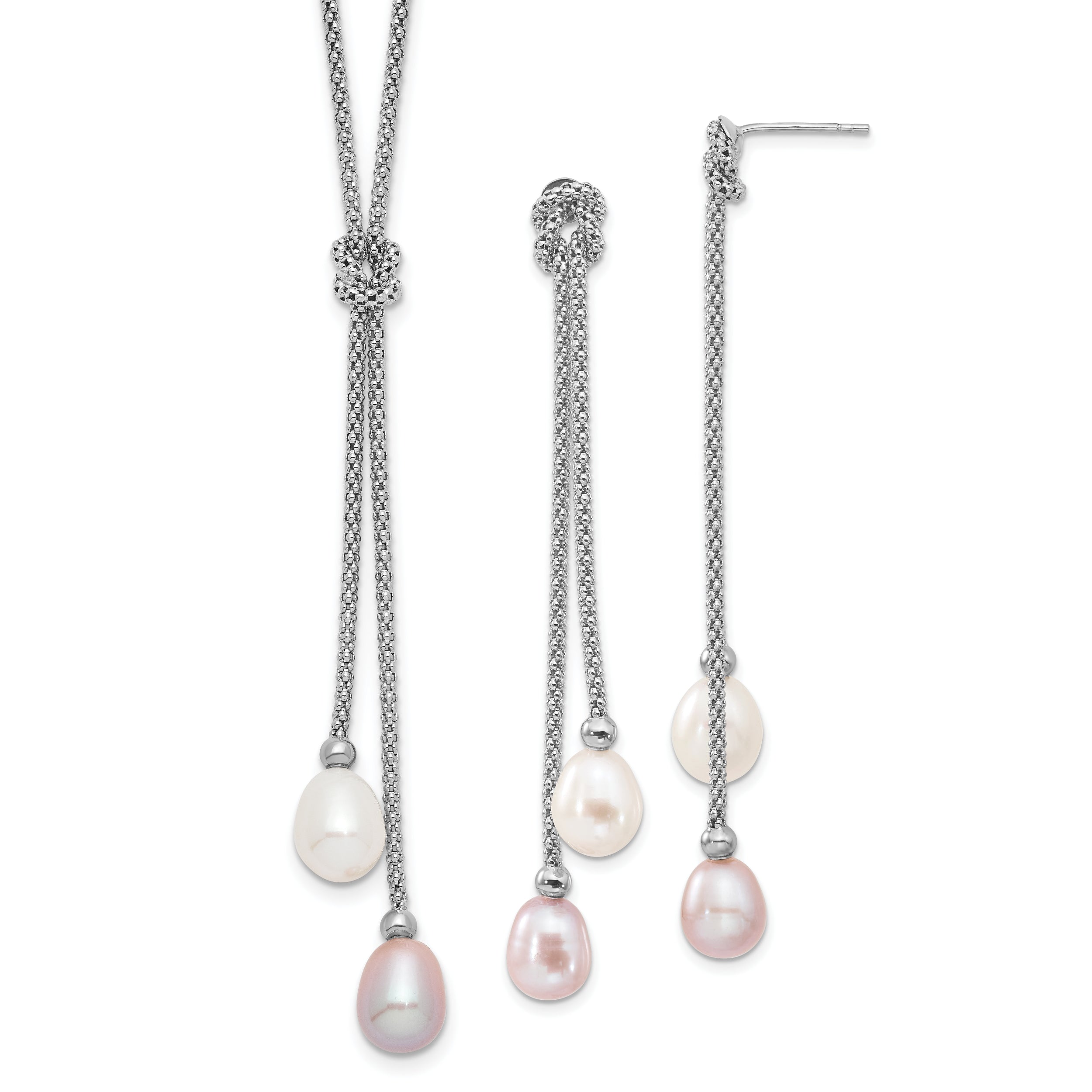 Sterling Silver Rhodium-plated 7-8mm Pink and White Teardrop Freshwater Cultured Pearl Knot 18 inch Necklace and Post Dangle Earrings Set