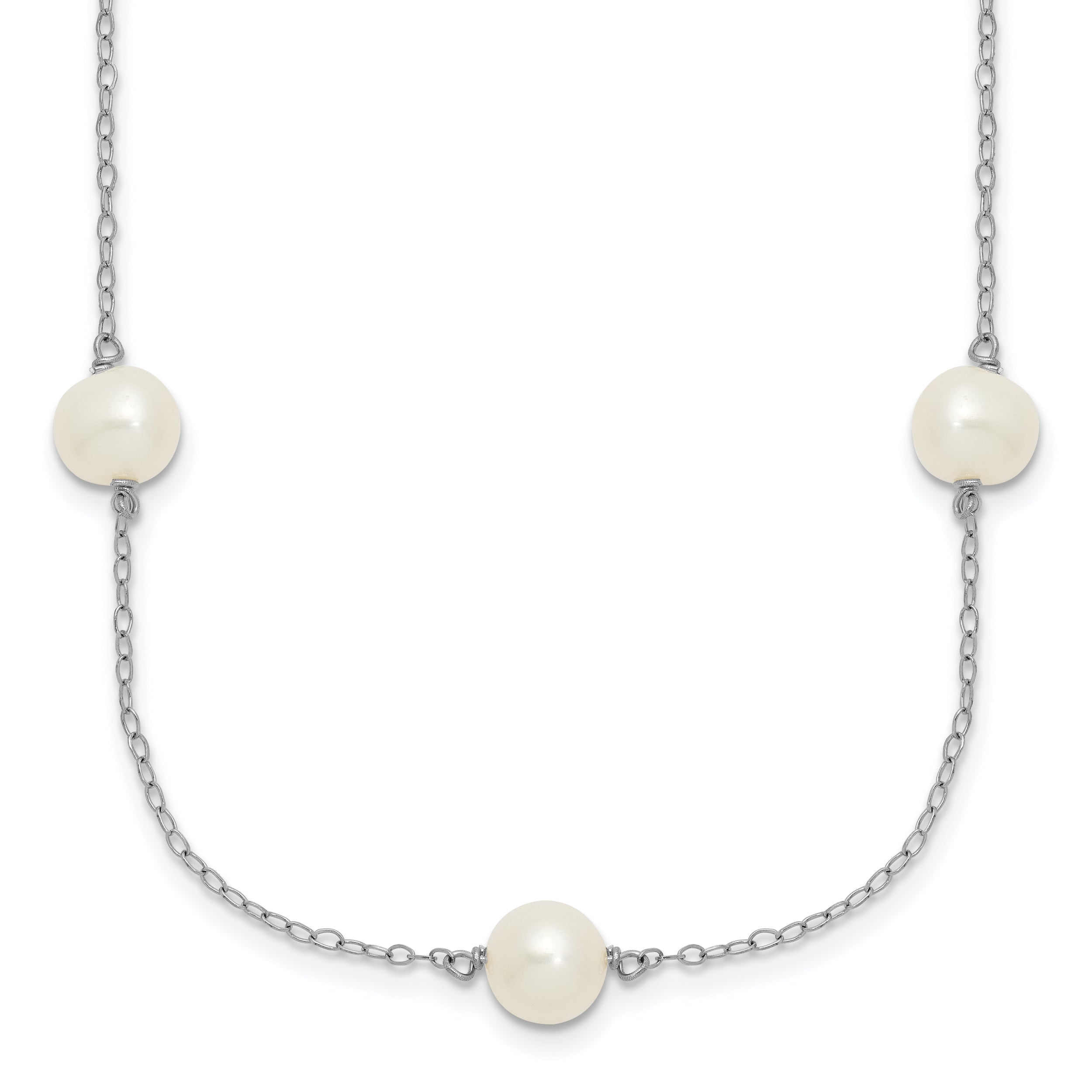 Sterling Silver Rhodium-plated 7-8mm White Near-Round Freshwater Cultured Pearl 7-Station 17 inch with 2 inch Extension Necklace