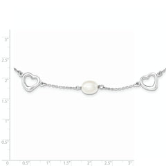 Sterling Silver Rhodium-plated 7-8mm White Teardrop Freshwater Cultured Pearl and Hearts 17 inch with 2 inch Extension Necklace
