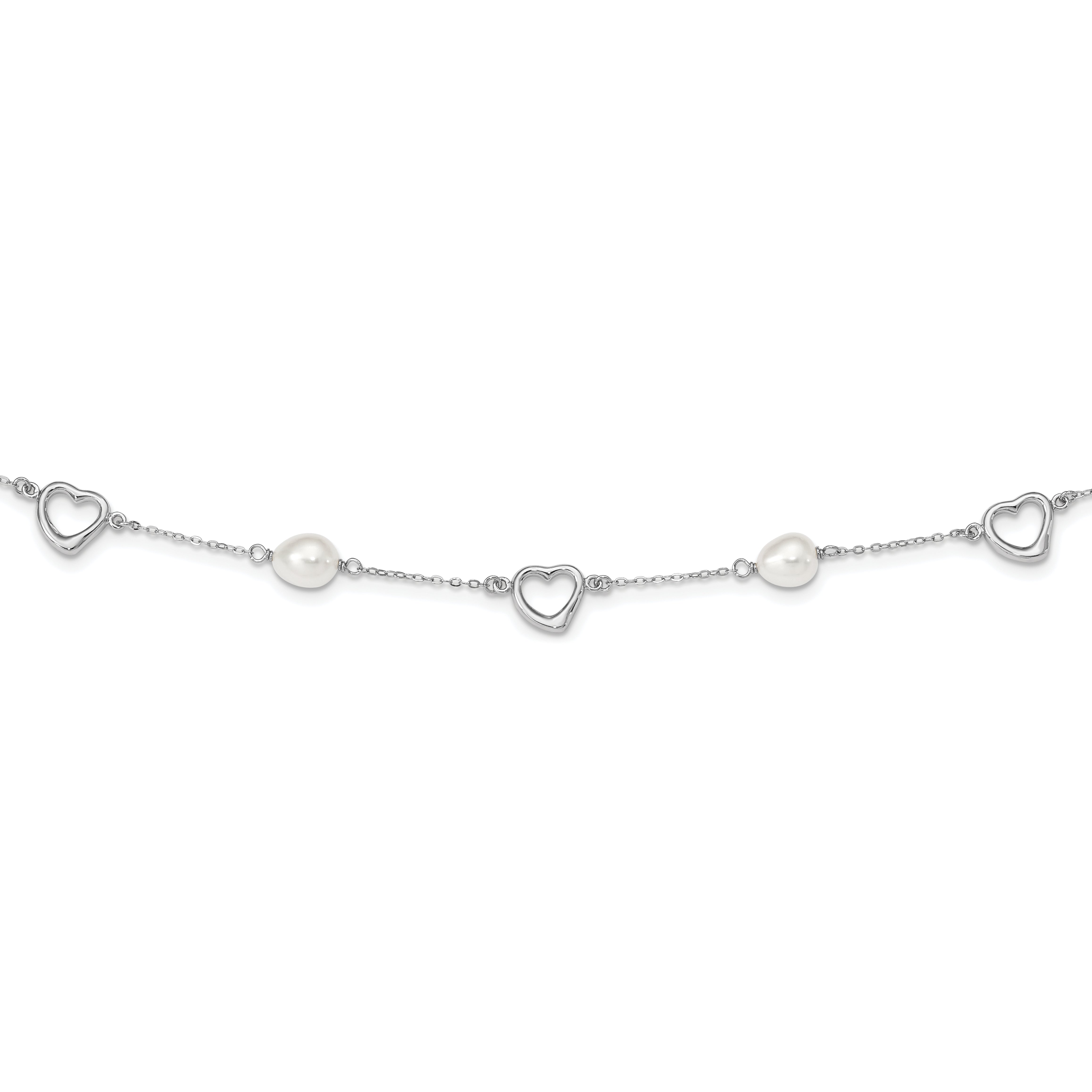 Sterling Silver Rhodium-plated 7-8mm White Teardrop Freshwater Cultured Pearl and Hearts 17 inch with 2 inch Extension Necklace