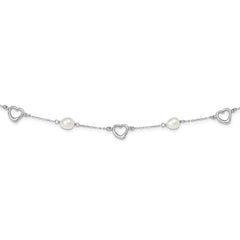 Sterling Silver Rhodium-plated 7-8mm White Teardrop Freshwater Cultured Pearl and Hearts 17 inch with 2 inch Extension Necklace