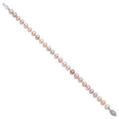 Sterling Silver Rhodium-plated 6-7mm Purple Near-Round Freshwater Cultured Pearl 7.25 inch Bracelet