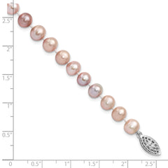 Sterling Silver Rhodium-plated 6-7mm Purple Near-Round Freshwater Cultured Pearl 7.25 inch Bracelet