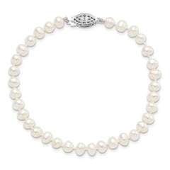 Sterling Silver Rhodium-plated 5-6mm White Near-Round Freshwater Cultured Pearl 7.25 inch Bracelet