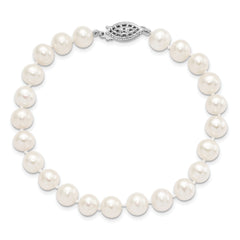 Sterling Silver Rhodium-plated 7-8mm White Near-Round Freshwater Cultured Pearl 7.25 inch Bracelet