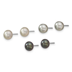 Sterling Silver Rhodium-plated 6-7mm Grey and Black Semi-Round Freshwater Cultured Pearl 18 inch Necklace and 7.25 Bracelet and 3-piece Button Post Earrings Set