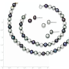 Sterling Silver Rhodium-plated 6-7mm Grey and Black Semi-Round Freshwater Cultured Pearl 18 inch Necklace and 7.25 Bracelet and 3-piece Button Post Earrings Set