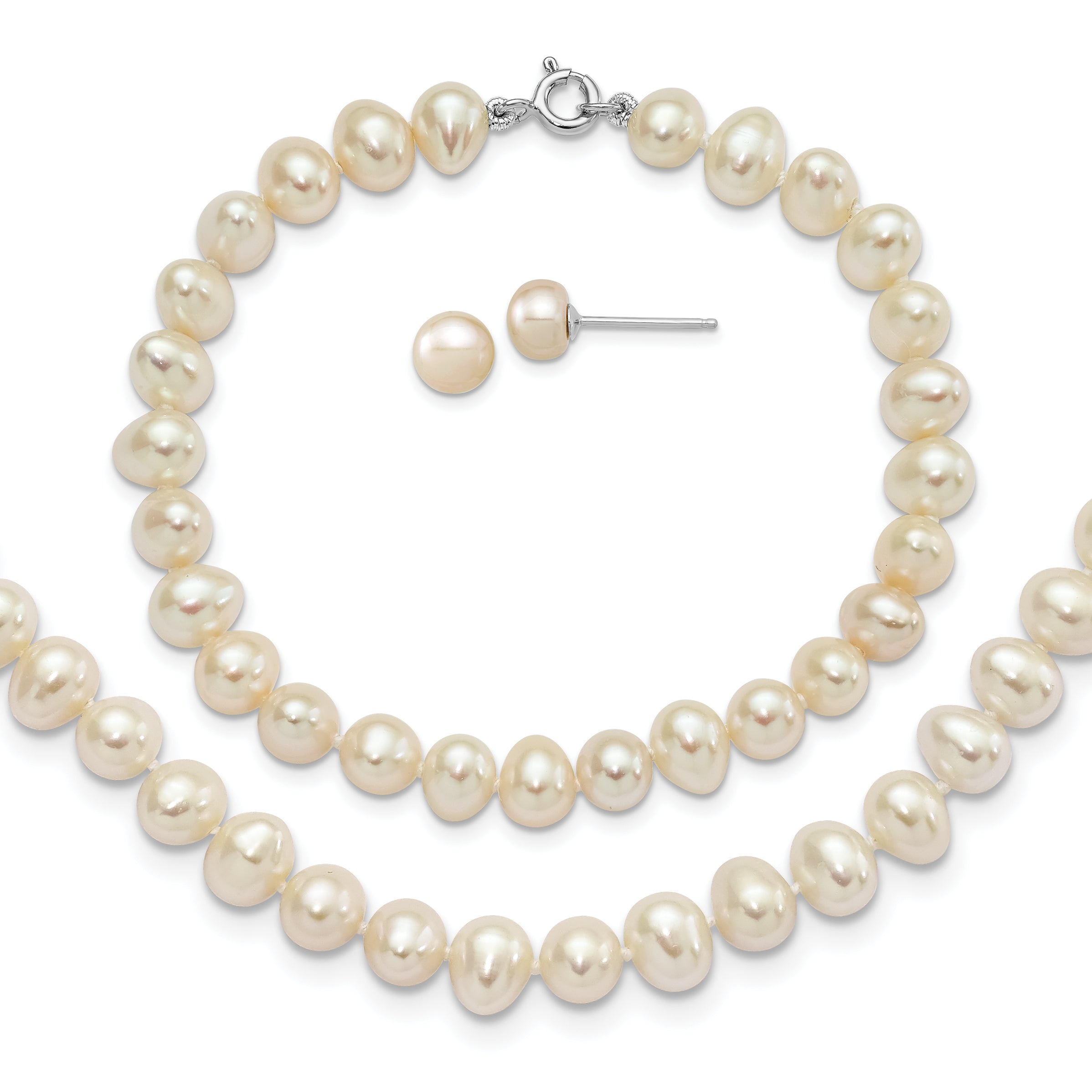 Sterling Silver Rhodium-plated 6-7mm White Semi-Round Freshwater Cultured Pearl 18 inch Necklace, 7.25 in Bracelet and Button Post Earrings Set