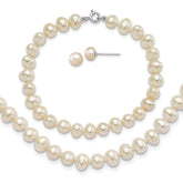 Sterling Silver Rhodium-plated 6-7mm White Semi-Round Freshwater Cultured Pearl 18 inch Necklace, 7.25 in Bracelet and Button Post Earrings Set