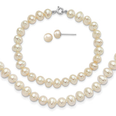 Sterling Silver Rhodium-plated 6-7mm White Semi-Round Freshwater Cultured Pearl 18 inch Necklace, 7.25 in Bracelet and Button Post Earrings Set