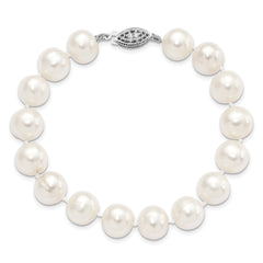 Sterling Silver Rhodium-plated 10-11mm White Near-Round Freshwater Cultured Pearl 8.25 inch Bracelet