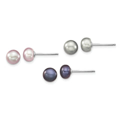 Sterling Silver Rhodium-plated 6-7mm Grey, Pink and Black Semi-Round Freshwater Cultured Pearl 18 inch Necklace, 7.25 inch Bracelet and 3-piece Button Post Earrings Set