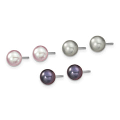 Sterling Silver Rhodium-plated 6-7mm Grey, Pink and Black Semi-Round Freshwater Cultured Pearl 18 inch Necklace, 7.25 inch Bracelet and 3-piece Button Post Earrings Set