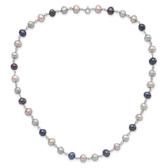 Sterling Silver Rhodium-plated 6-7mm Grey, Pink and Black Semi-Round Freshwater Cultured Pearl 18 inch Necklace, 7.25 inch Bracelet and 3-piece Button Post Earrings Set
