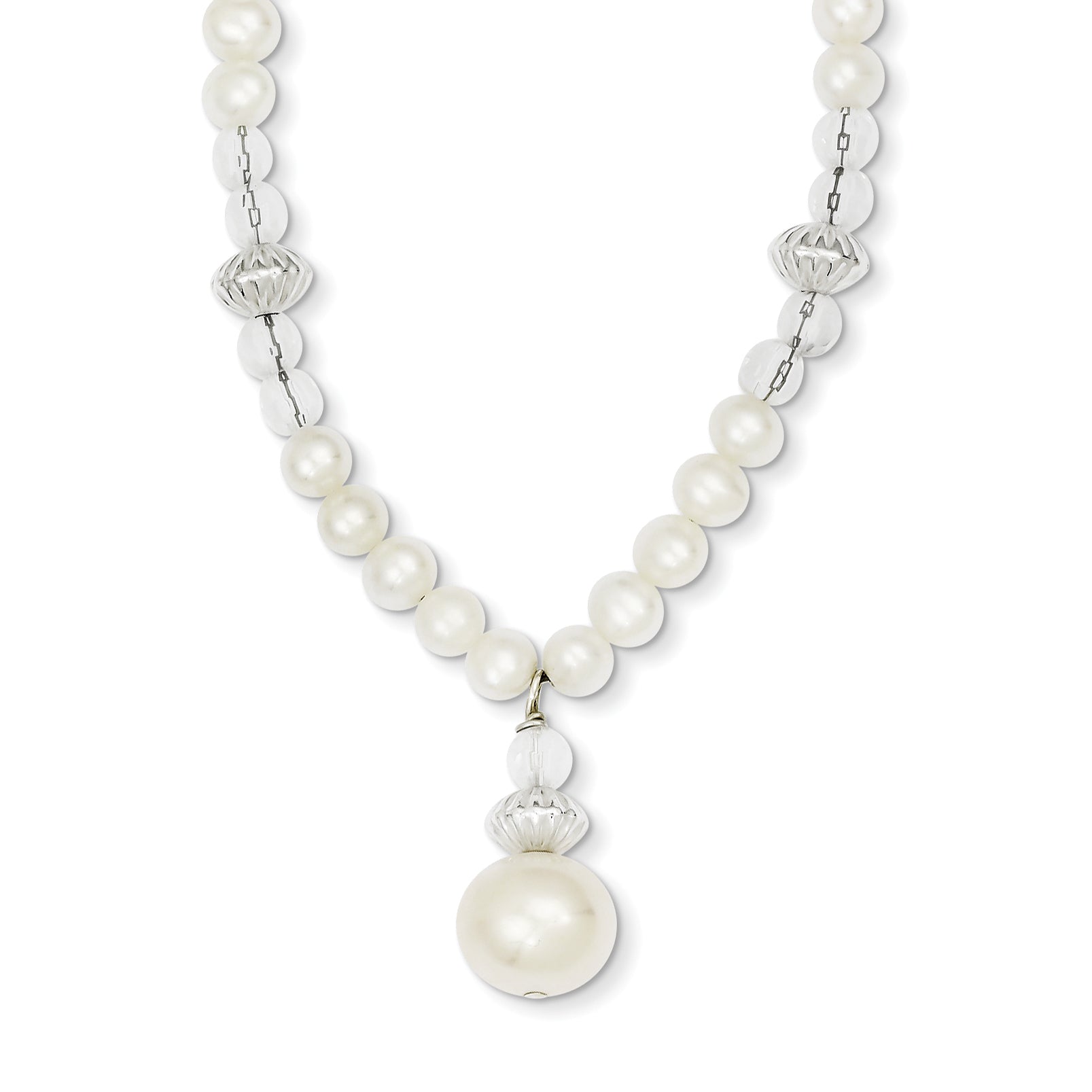 Sterling Silver FW Cultured Pearl & Crystal Bead With 2in Ext Necklace