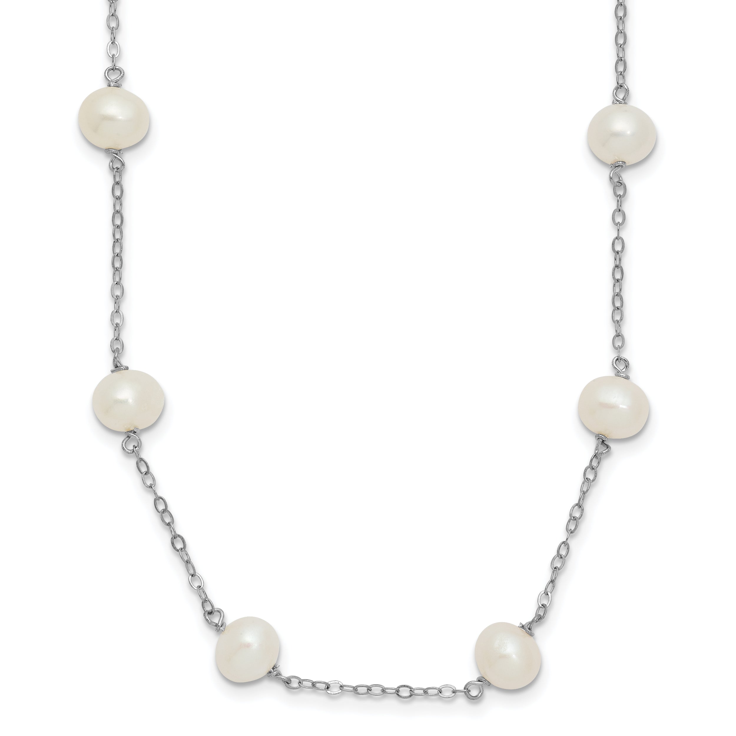 Sterling Silver Rhodium-plated 6-7mm White Near Round Freshwater Cultured Pearl 16-station 20 inch Necklace