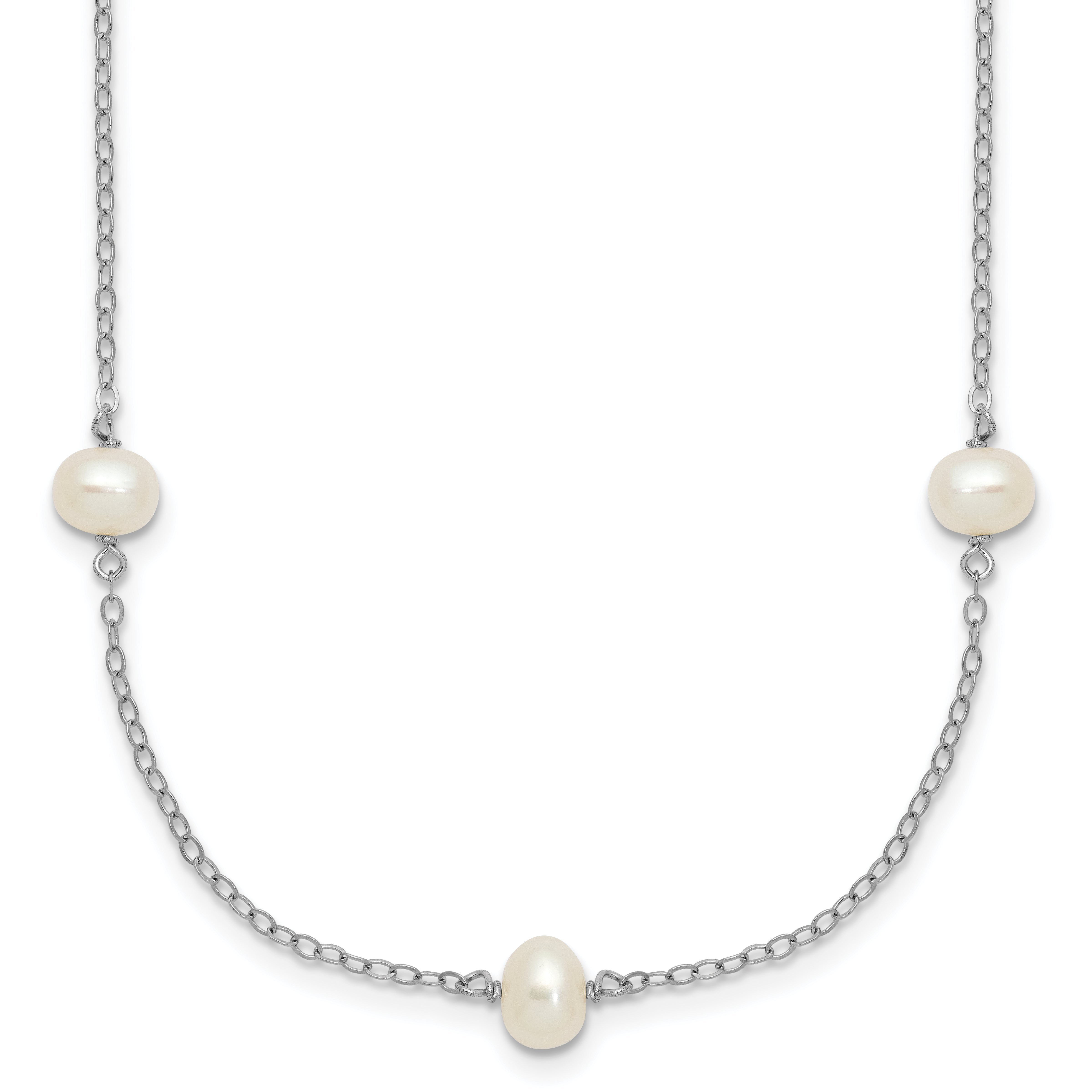Sterling Silver Rhodium-plated 4-5mm White Near Round Freshwater Cultured Pearl 9-station 20 inch Necklace