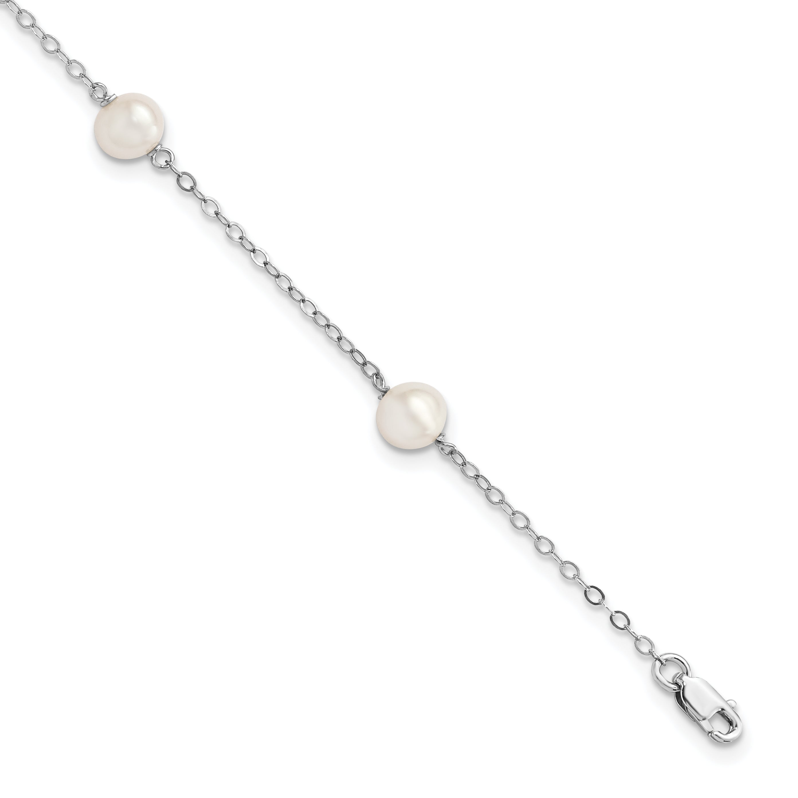 Sterling Silver Rhodium-plated 5-6mm White Freshwater Cultured Pearl 3-Stations 7.5 inch Bracelet