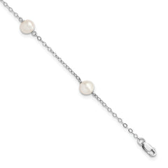 Sterling Silver Rhodium-plated 5-6mm White Freshwater Cultured Pearl 3-Stations 7.5 inch Bracelet