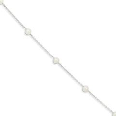 Sterling Silver Rhodium-plated 5-6mm White Freshwater Cultured Pearl 3-Stations 7.5 inch Bracelet