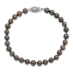 Sterling Silver Rhodium-plated 5-6mm Black Near-Round Freshwater Cultured Pearl 7.25 inch Bracelet