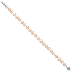 Sterling Silver Rhodium-plated 7-8mm Pink Near-Round Freshwater Cultured Pearl 7.25 inch Bracelet