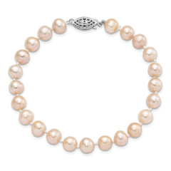 Sterling Silver Rhodium-plated 7-8mm Pink Near-Round Freshwater Cultured Pearl 7.25 inch Bracelet