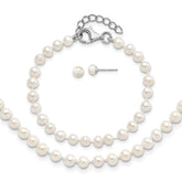 Sterling Silver Rhodium-plated 4-5mm White Semi-Round Freshwater Cultured Pearl 14 inch Necklace, 5 inch Bracelet and Post Earrings Set