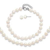 Sterling Silver Rhodium-plated 6-7mm White Semi-Round Freshwater Cultured Pearl 18 inch with 2 inch Extension Necklace, 7 inch Bracelet and Button Post Earrings Set