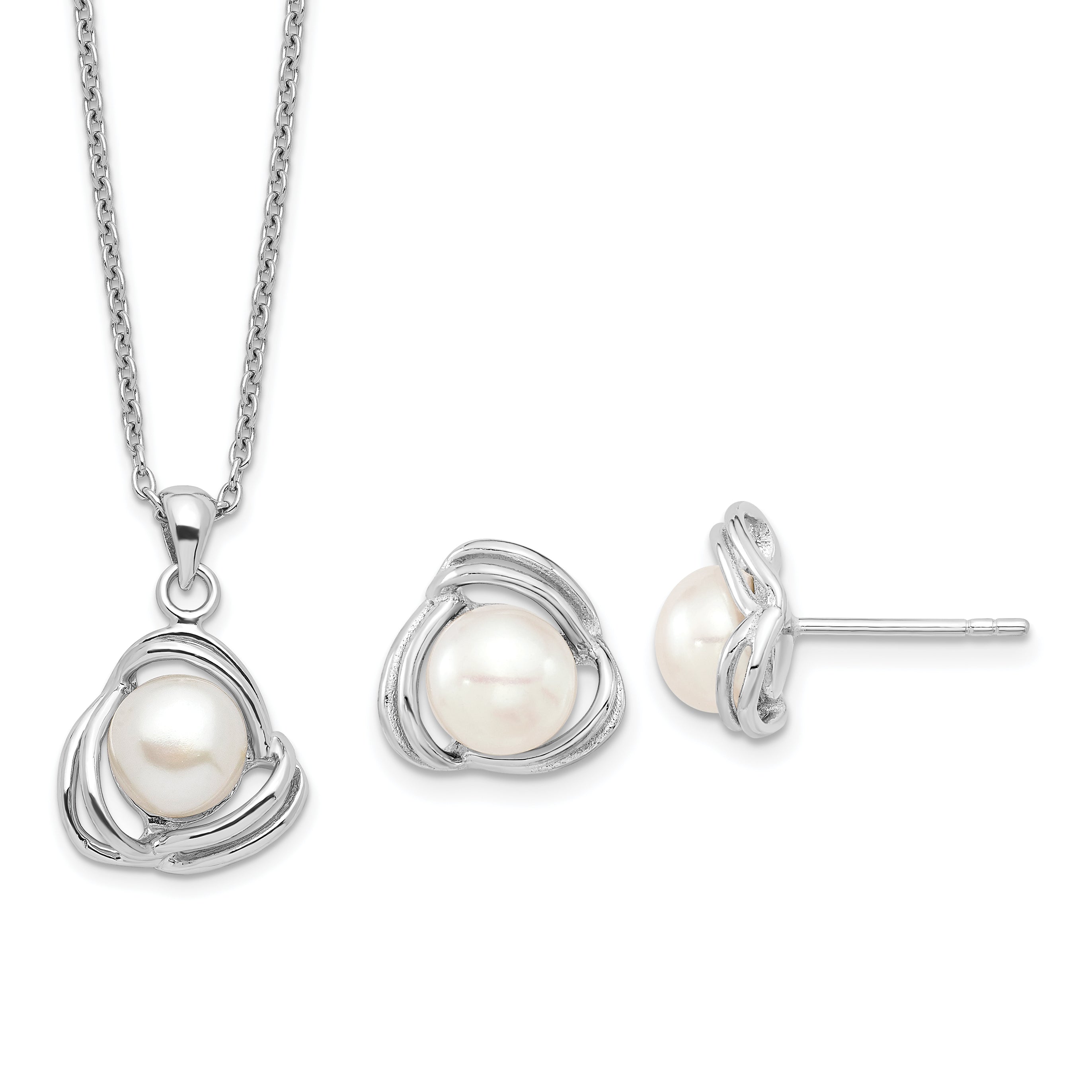 Sterling Silver Rhodium-plated 6-7mm White Button Freshwater Cultured Pearl 17 inch Necklace and Post Earrings Set