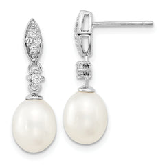 Sterling Silver Rhodium-plated 8-9mm White Teardrop Freshwater Cultured Pearl and CZ 17 inch Necklace and Post Dangle Earrings Set
