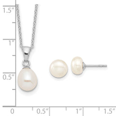 Sterling Silver Rhodium-plated 7-8mm White Teardrop Freshwater Cultured Pearl 17 inch Necklace Button Post Earrings Set