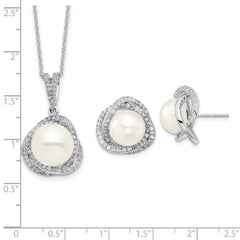 Sterling Silver Rhodium-plated 10-12mm White Button Freshwater Cultured Pearl and CZ 17 inch Necklace and Post Earrings Set