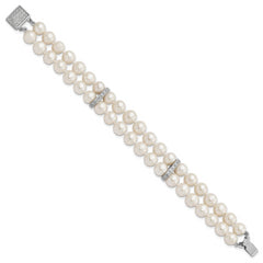 Sterling Silver Rhodium-plated 7-8mm White Near-round Freshwater Cultured Pearl and CZ 2-Strand 7 inch Bracelet
