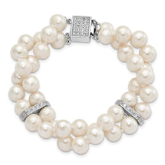 Sterling Silver Rhodium-plated 7-8mm White Near-round Freshwater Cultured Pearl and CZ 2-Strand 7 inch Bracelet