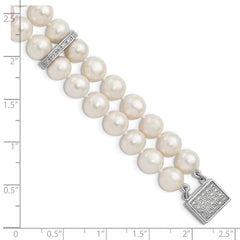 Sterling Silver Rhodium-plated 7-8mm White Near-round Freshwater Cultured Pearl and CZ 2-Strand 7 inch Bracelet