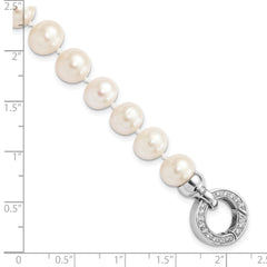 Sterling Silver Rhodium-plated 9-10mm White Near-Round Freshwater Cultured Pearl and CZ Fancy 7.5 inch Bracelet