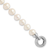 Sterling Silver Rhodium-plated 9-10mm White Near-Round Freshwater Cultured Pearl and CZ Fancy 7.5 inch Bracelet