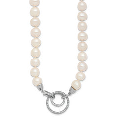 Sterling Silver Rhodium-plated 10-11mm White Near-Round Freshwater Cultured Pearl and CZ Clasp Adjustable 19.5 inch Necklace