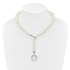 Sterling Silver Rhodium-plated 10-11mm White Near-Round Freshwater Cultured Pearl and CZ Clasp Adjustable 19.5 inch Necklace