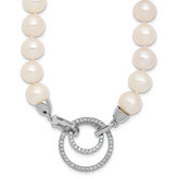 Sterling Silver Rhodium-plated 10-11mm White Near-Round Freshwater Cultured Pearl and CZ Clasp Adjustable 19.5 inch Necklace