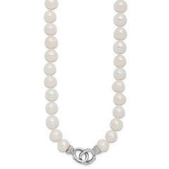 Sterling Silver Rhodium-plated 9-10mm White Near-Round Freshwater Cultured Pearl and CZ Clasp Adjustable 18 inch Necklace