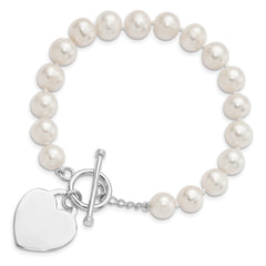 Sterling Silver Rhodium-plated 8-9mm White Near-Round Freshwater Cultured Pearl Heart Toggle 7.5 inch Bracelet